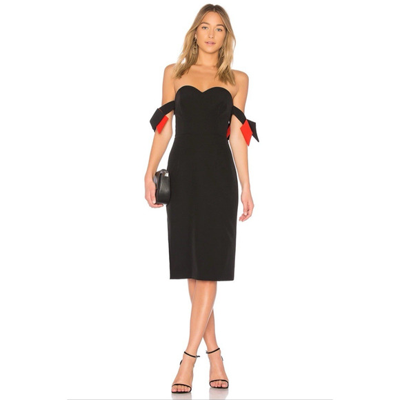 MILLY Black Red Brie Off Shoulder Cady Sweetheart Midi Dress Cocktail Whimsigoth - Picture 1 of 12